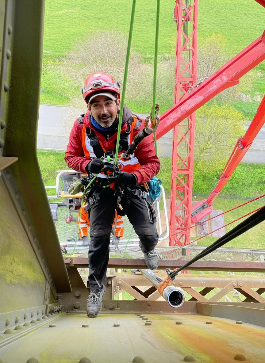 Industriekletterer Arash B. Pour bei Höhenarbeiten am Seil